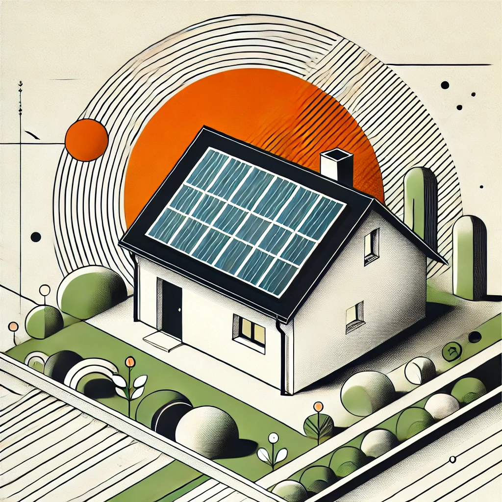 Illustration artistique d’un panneau solaire photovoltaïque sur un toit, utilisant une palette minimaliste de noir, blanc, vert et orange.