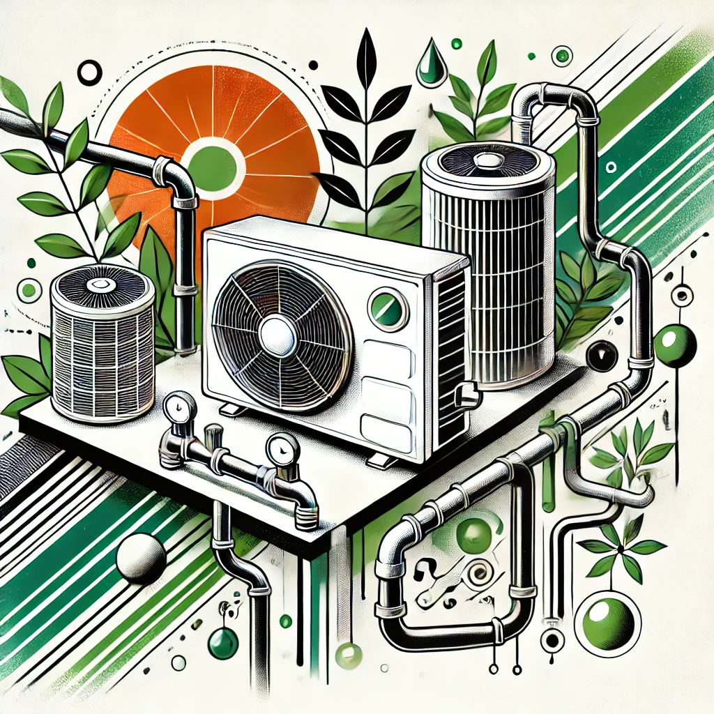 Représentation artistique du chauffage, de la plomberie et de la climatisation, utilisant une palette minimaliste de noir, blanc, vert et orange.