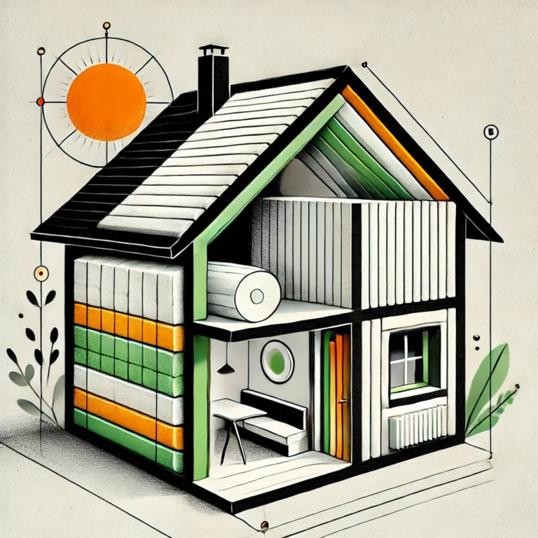 Représentation artistique de l’isolation thermique d’une maison avec une palette minimaliste en noir, blanc, vert et orange, illustrant les matériaux et leur rôle dans l’amélioration de l’efficacité énergétique.