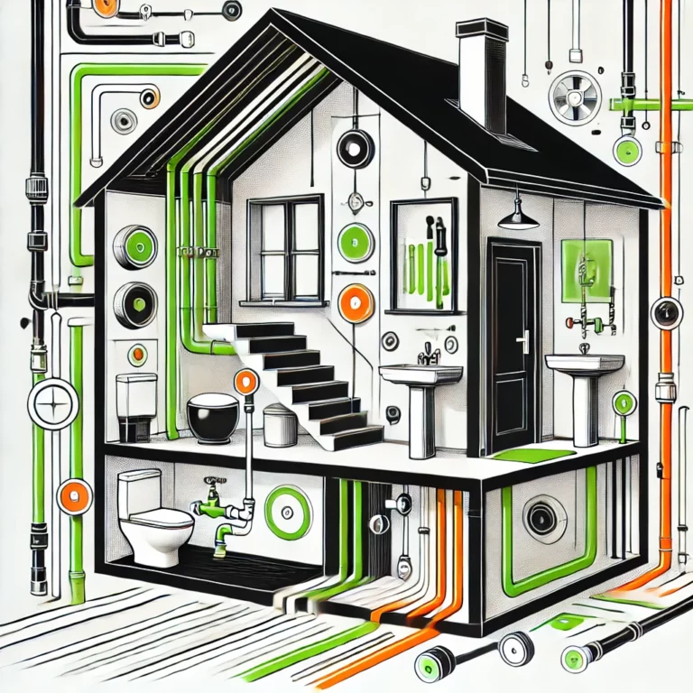 Représentation artistique de la plomberie d’une maison avec une palette minimaliste en noir, blanc, vert et orange, mettant en avant les installations de canalisations et de systèmes hydrauliques.