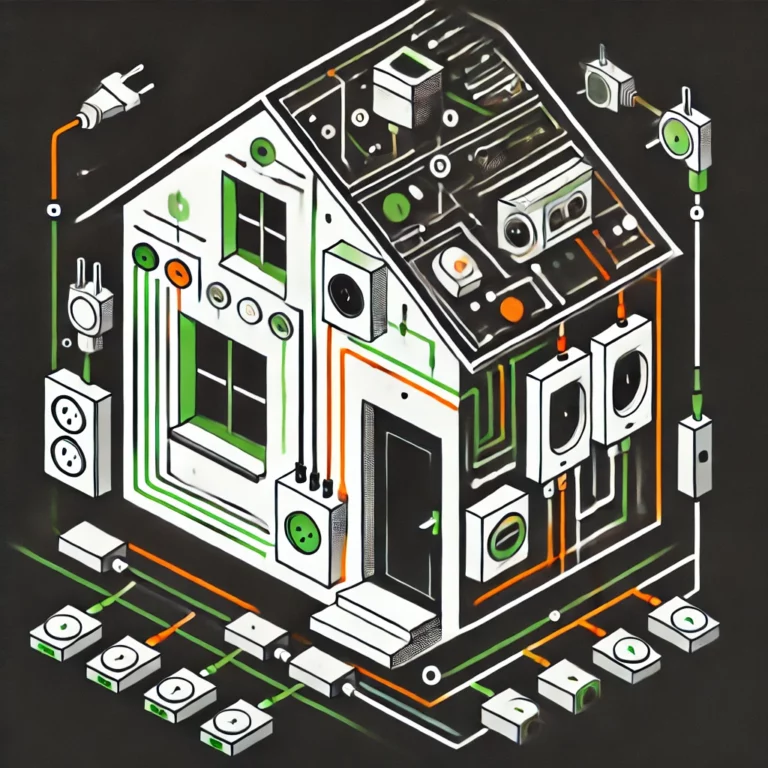 Représentation artistique du système électrique d’une maison avec palette minimaliste en noir, blanc, vert et orange, mettant en avant les composants essentiels du circuit électrique