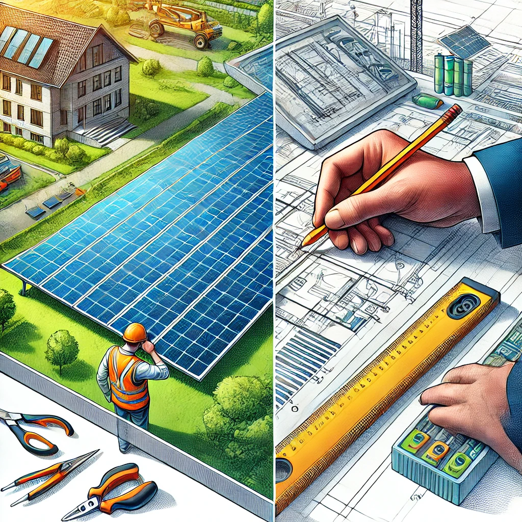 Illustration d’un panneau solaire photovoltaïque avec une section montrant un détail de l’installation électrique, dans une composition carrée avec des détails clairs et nets.