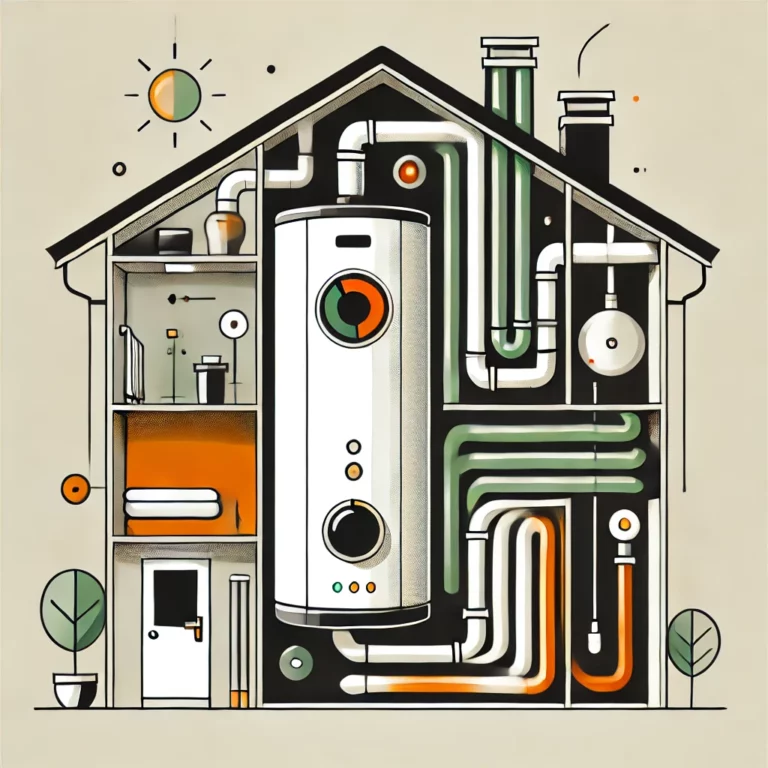 Illustration d'un chauffe-eau thermodynamique installé dans une maison, utilisant une palette de couleurs minimaliste avec des détails subtils en noir, blanc, vert et orange.