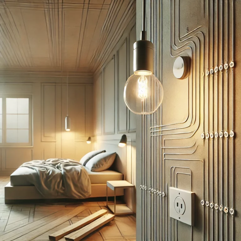 Une illustration d'une chambre en rénovation avec un luminaire et des fils électriques visibles, organisés proprement dans un espace minimaliste et bien éclairé.