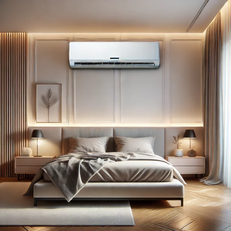 Photographie réaliste d'une chambre moderne avec une climatisation réversible discrète et élégante intégrée au mur, offrant chauffage et refroidissement dans un cadre harmonieux.